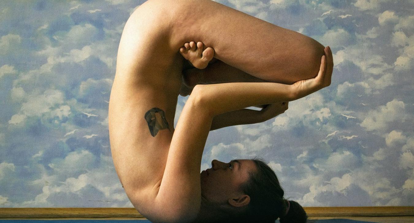 Naked yoga on clouds